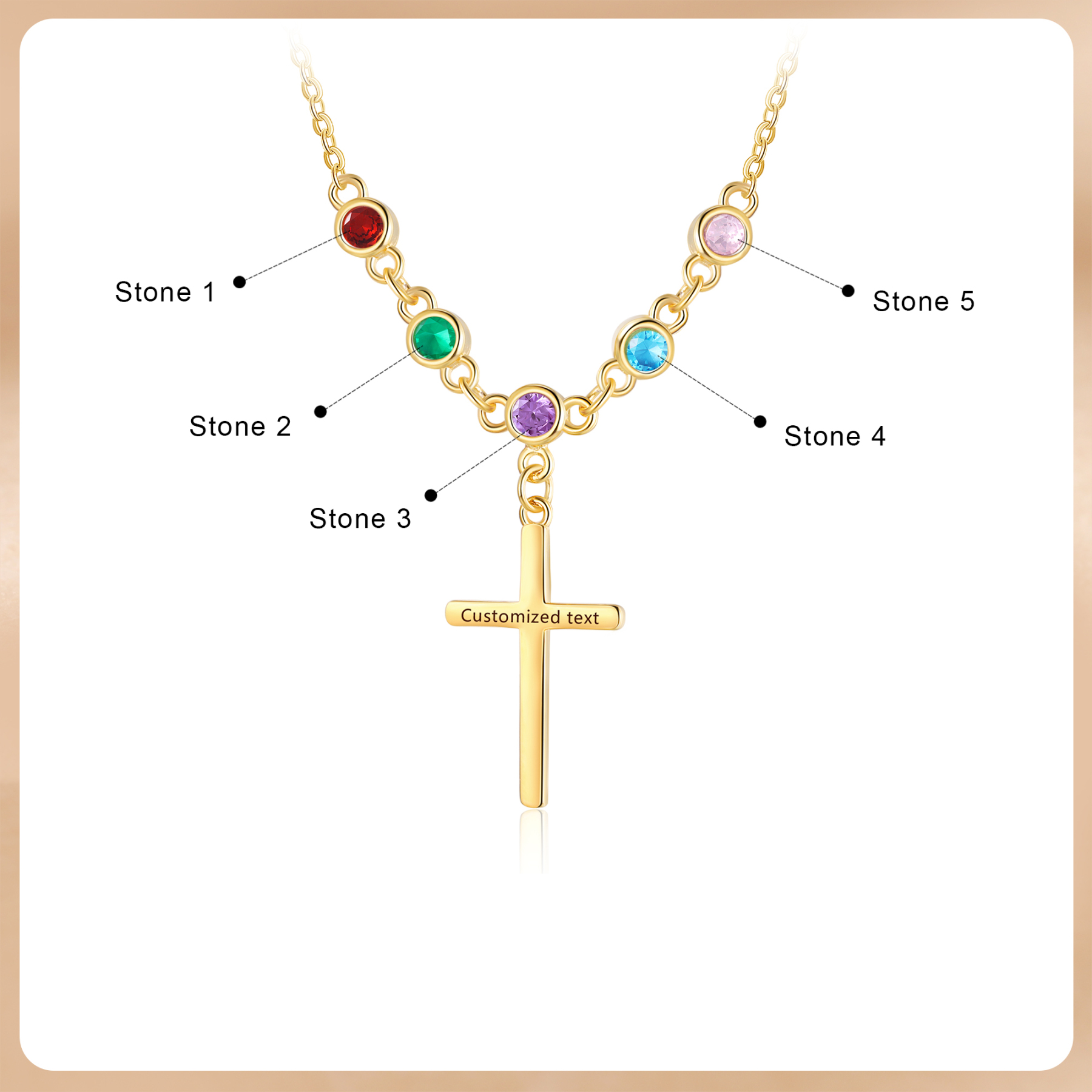 Personalised Cross Pendant Necklace Custom 5 Birthstones & 1 Text Necklace Birthday Gift for Her-Jessemade AU