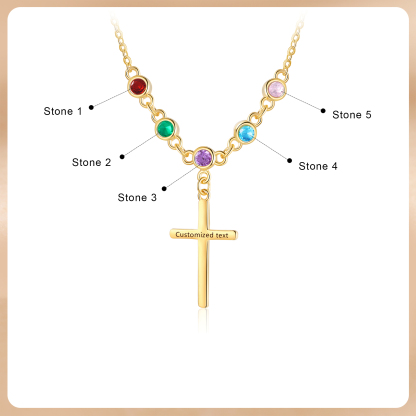 Personalised Cross Pendant Necklace Custom 5 Birthstones & 1 Text Necklace Birthday Gift for Her-Jessemade AU
