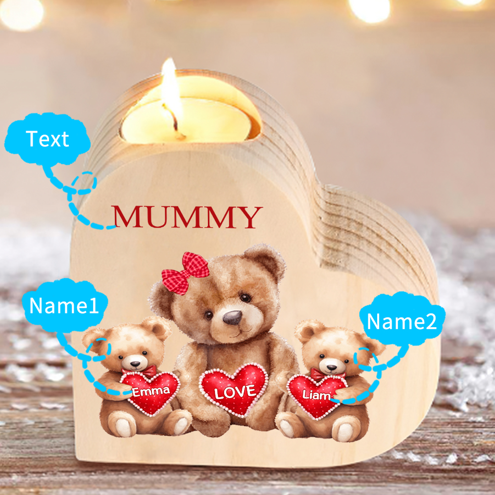 Personalised 2 Names & 1 Text Candle Holder Teddy Bear Wooden Candlestick Gifts for Grandma/Mother-Jessemade AU