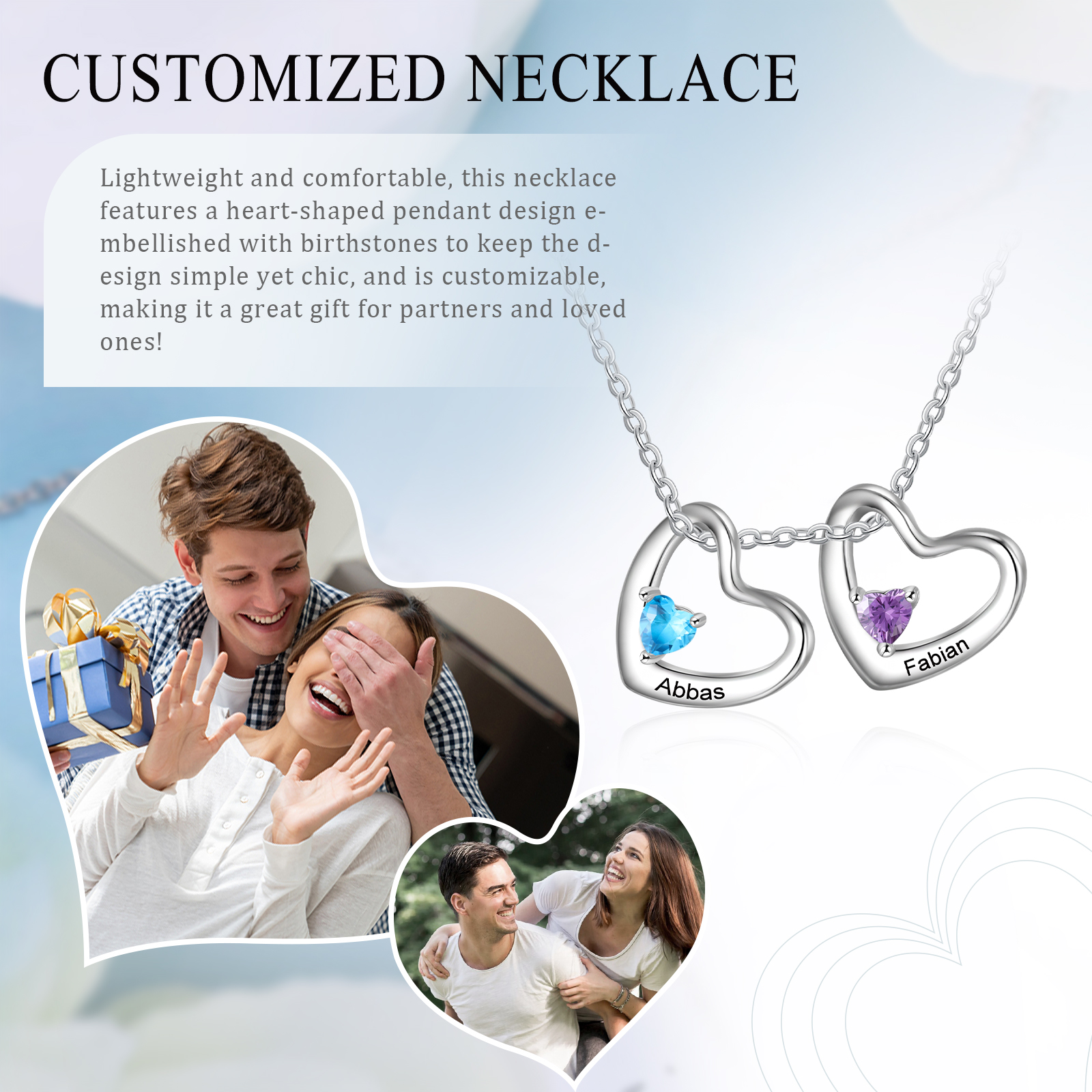 2 Names - Personalised Women's Necklace Heart Pendant Necklace Customised Name & Birthstone Birthday Gift for Her-Jessemade AU