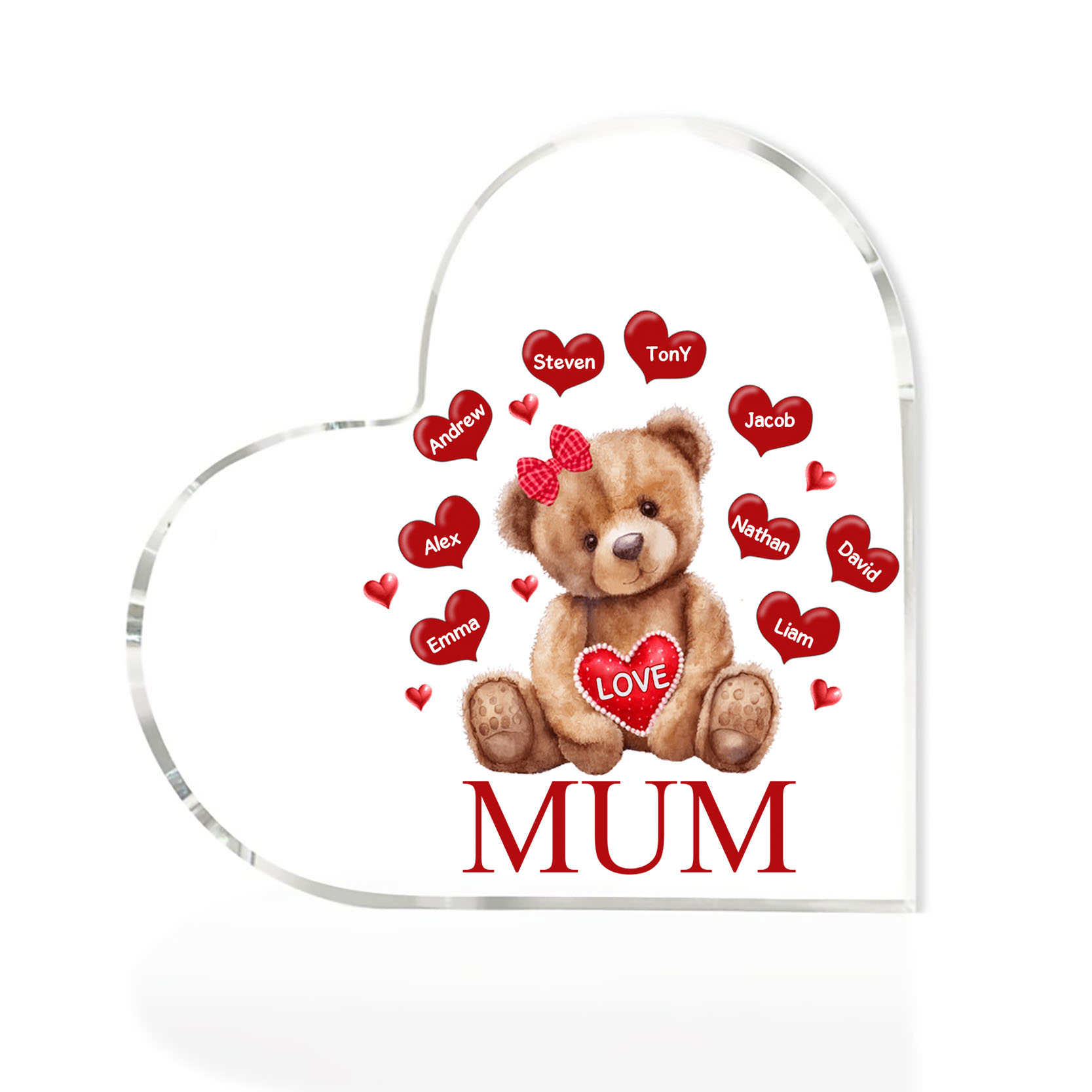 9 Names - Personalised Acrylic Heart Keepsake Custom 2 Texts Teddy Bear Ornaments Gifts for Grandma/Mother-Jessemade AU