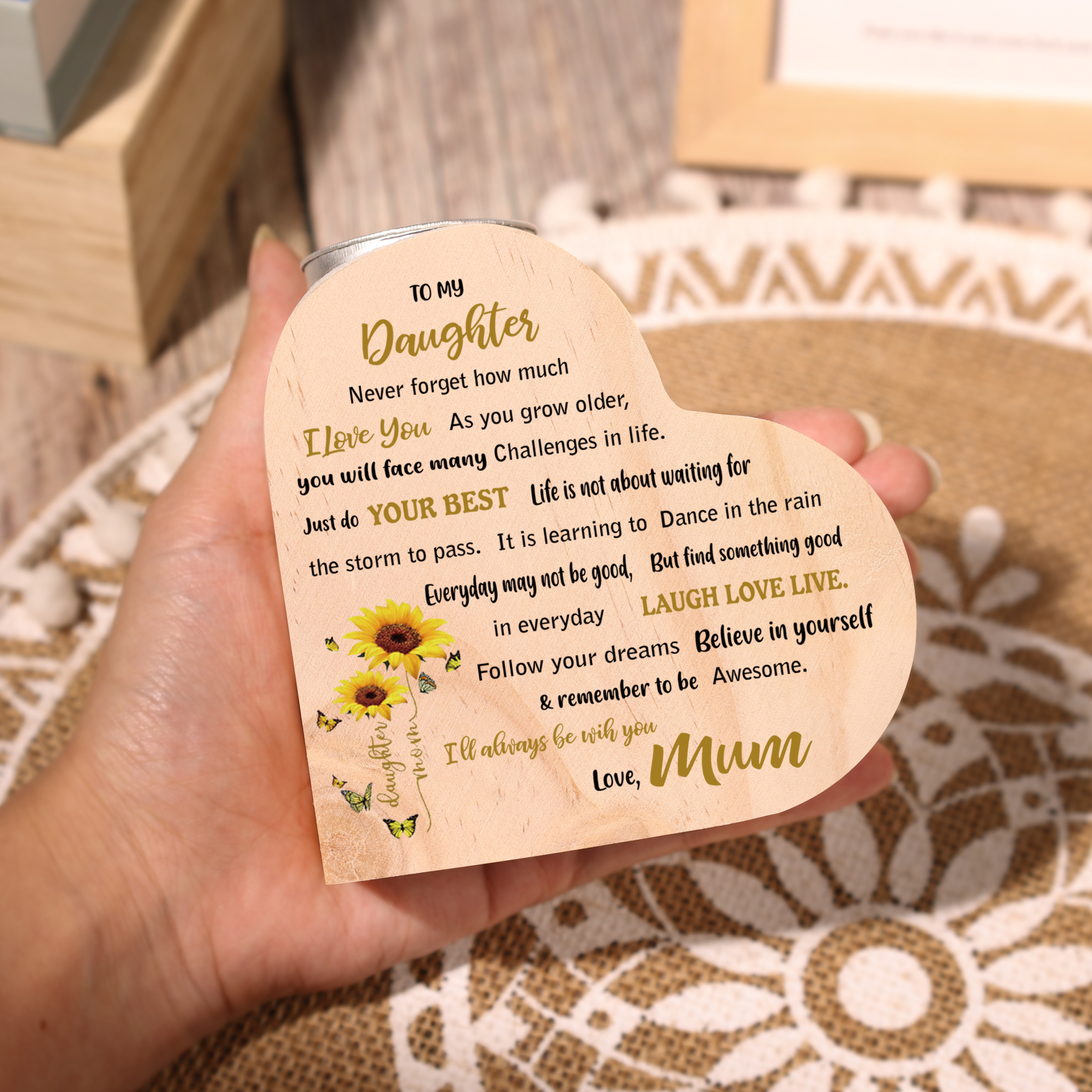 To My Daughter Wooden Heart Candle Holder Sunflowers Candlesticks "I'll always be with you"-Jessemade AU