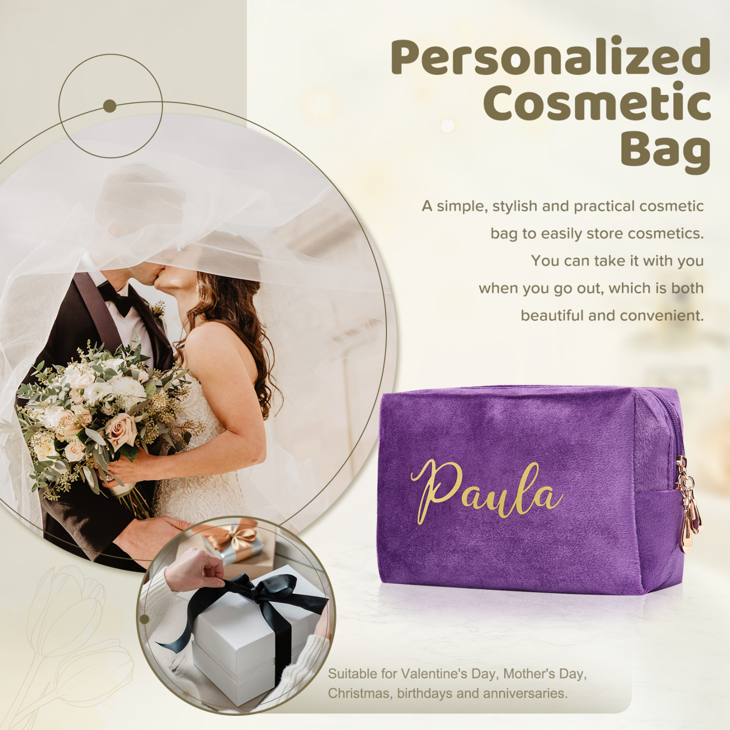 Personalised Name Cosmetic Bag Zipper Makeup Bag Jewelry Storage Bag Gifts for Ladies Girls-Jessemade AU