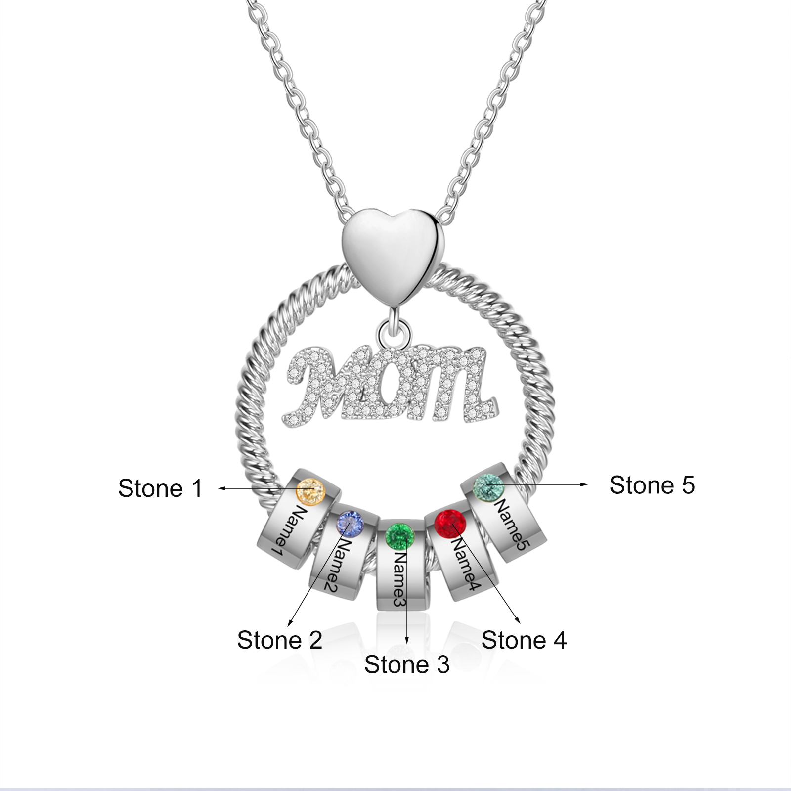 Personalised Necklace With 5 Birthstones Engraved Names Gift For Mother-Jessemade AU
