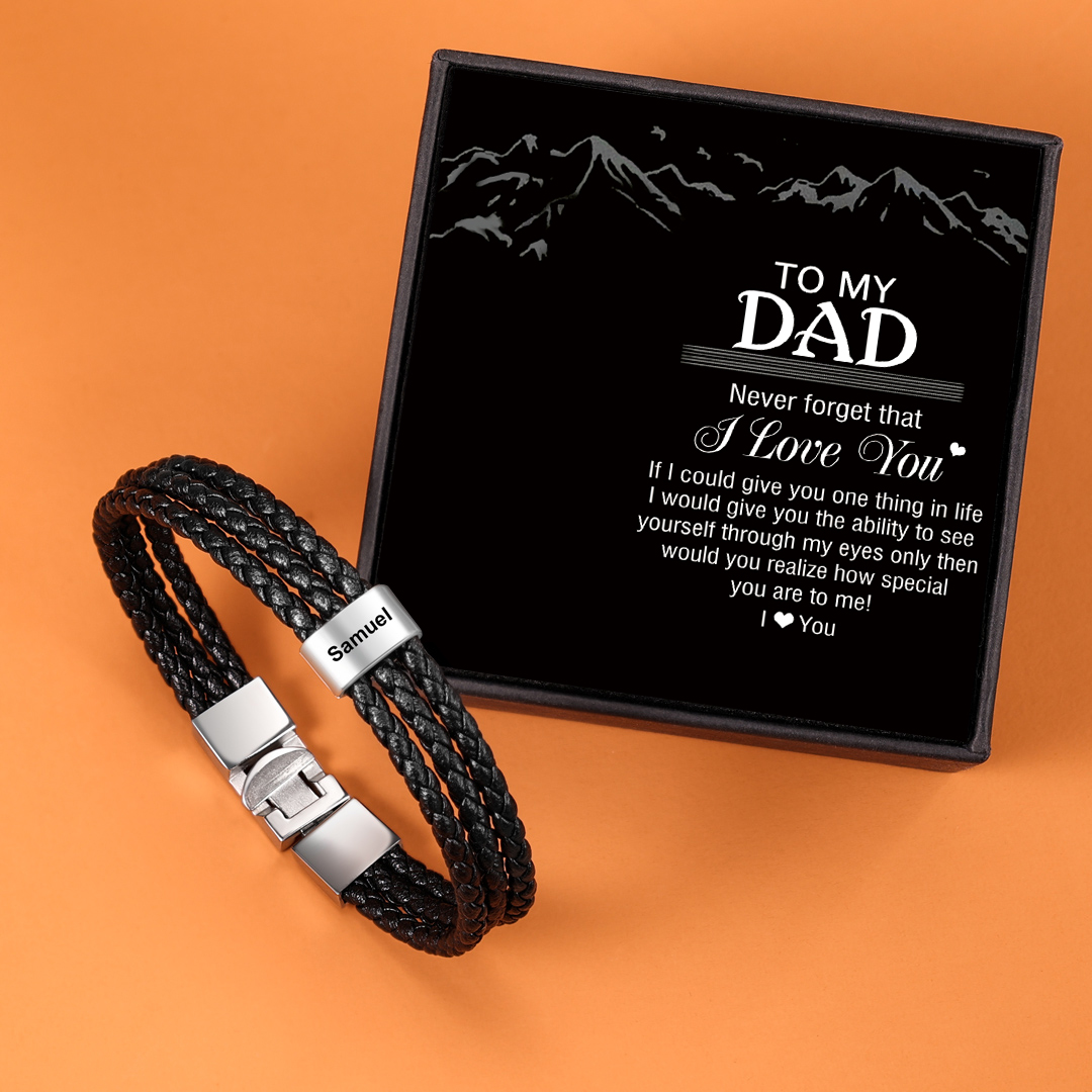 Personalised Braided Leather Bracelet Engraved 1 Name Men's Bracelet Gifts For Him-Jessemade AU