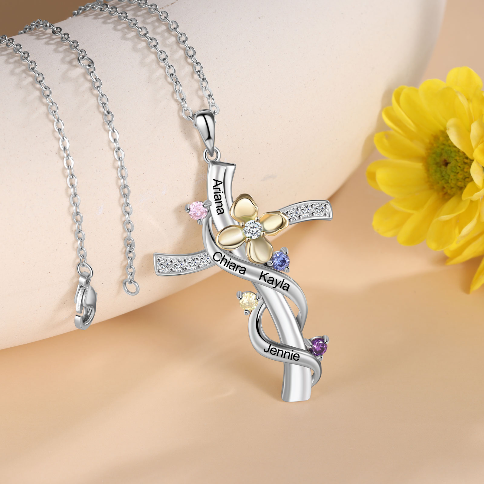Personalised Faith Cross Necklace With Names Custom 4 Birthstones Flower Necklace Gifts for Women-Jessemade AU