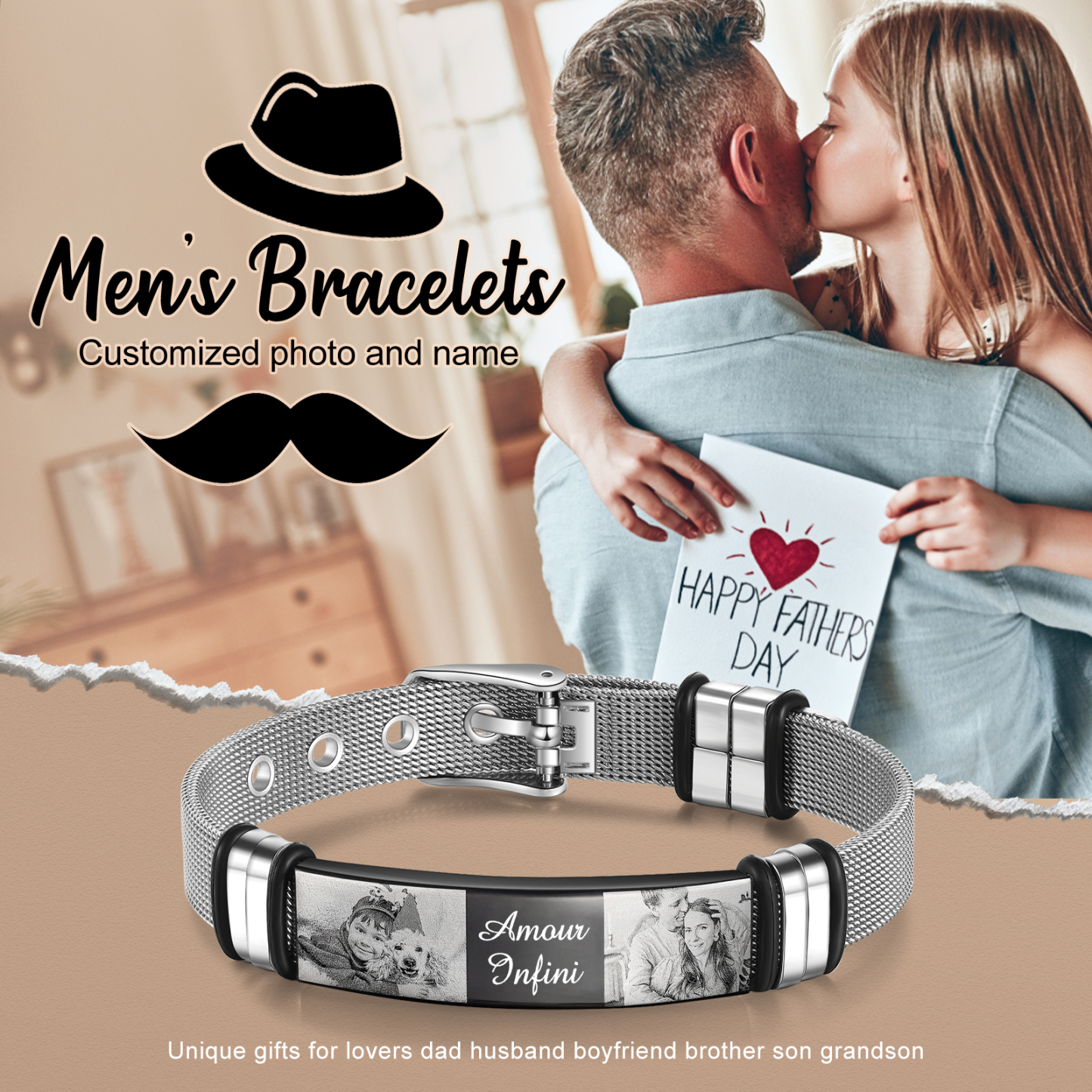 Personalised ID Bar Bracelet Engraved 2 Photos Men Women Bracelet-Jessemade AU