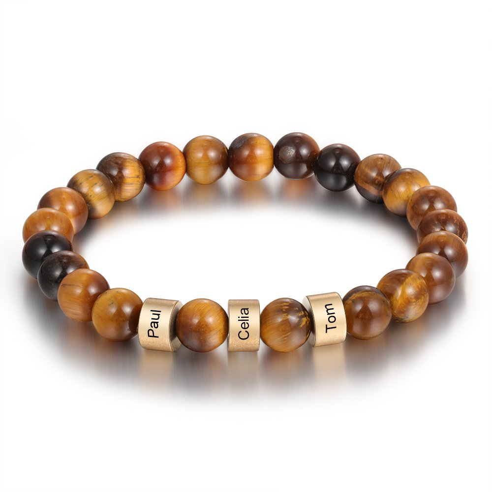 Brown Tiger Eye Men's  3 Name Bracelet Gift For Him-Jessemade AU