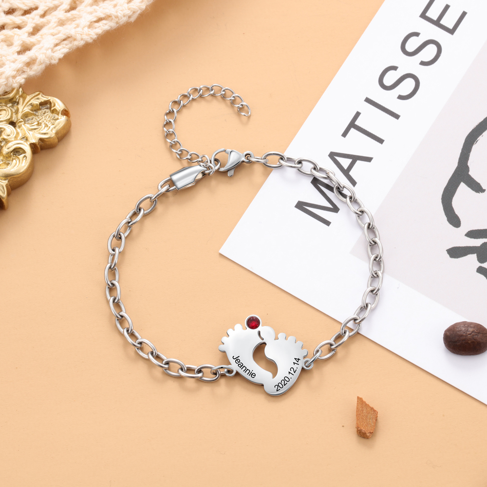 Personalised Baby Foot Bracelet With 1 Birthstones Engraved Names Bracelet Gift For Mother-Jessemade AU