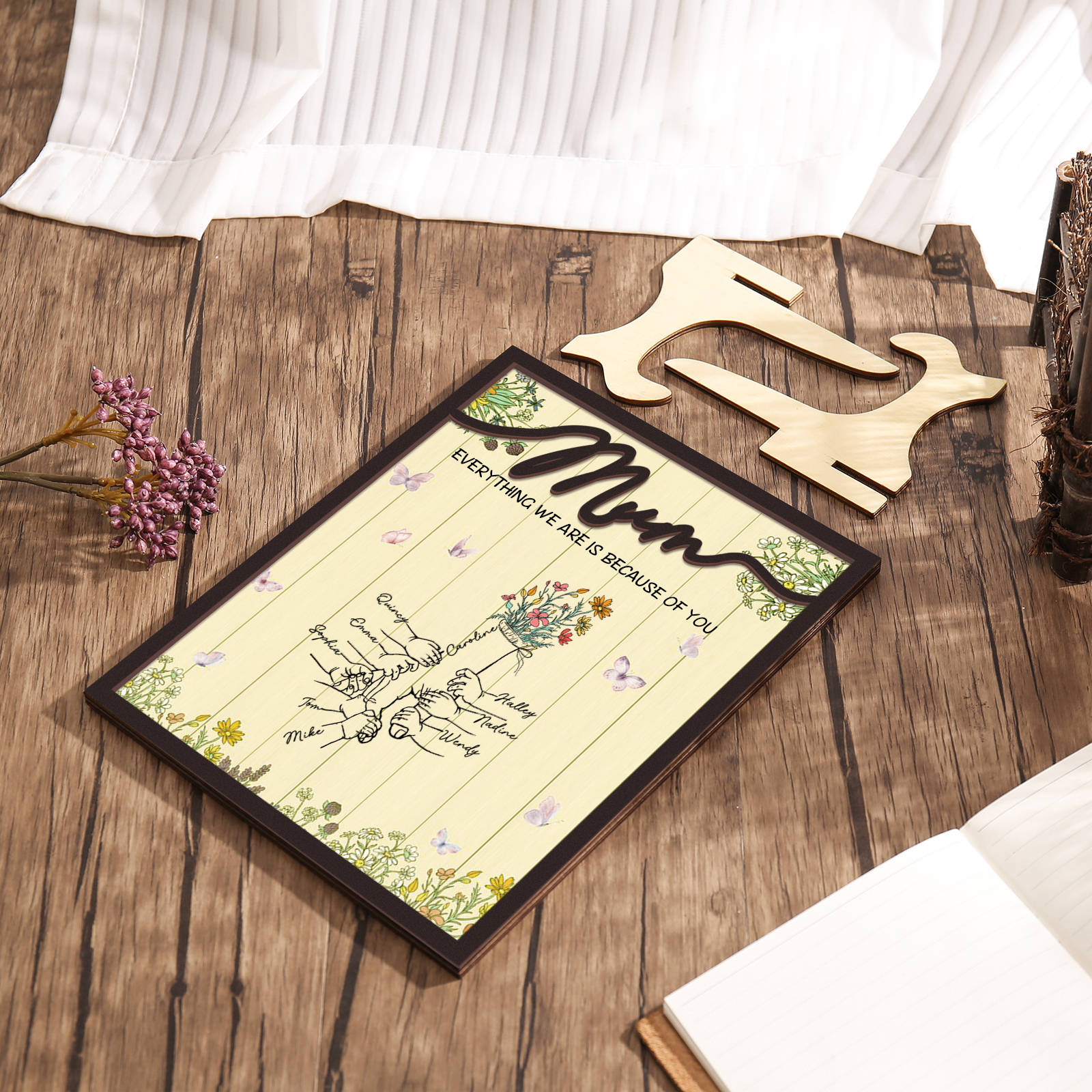 Personalised 9 Names Wooden Plaque Holding Mum's Hand Desktop Decoration With Stand - EVERYTHING WE ARE IS BECAUSE OF YOU-Jessemade AU