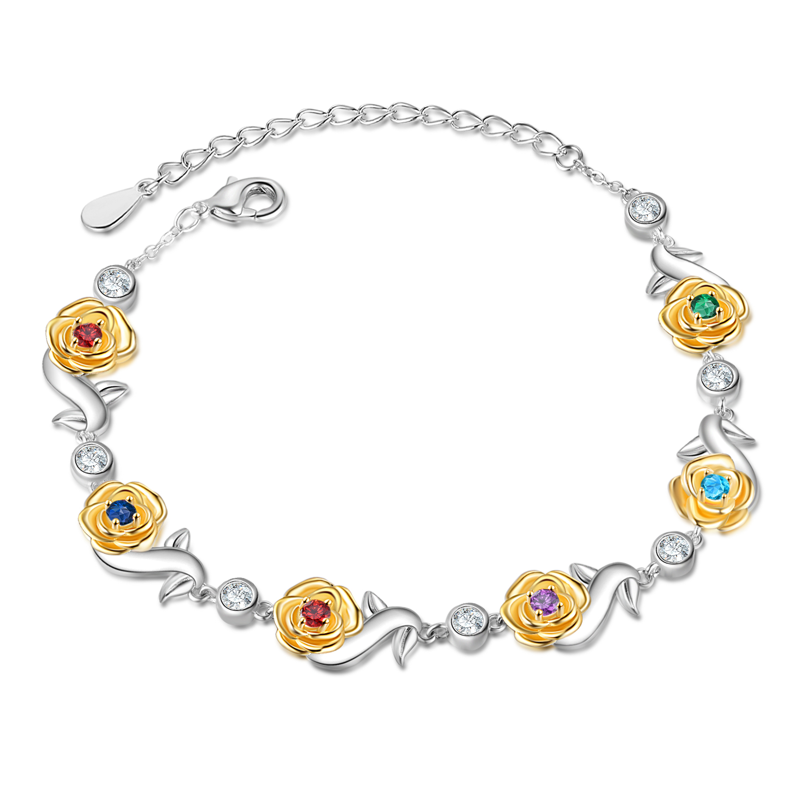 Flowers Bracelet Personalised 6 Birthstones Bracelet Engraved Names Flowers Charm Gifts For Her-Jessemade AU