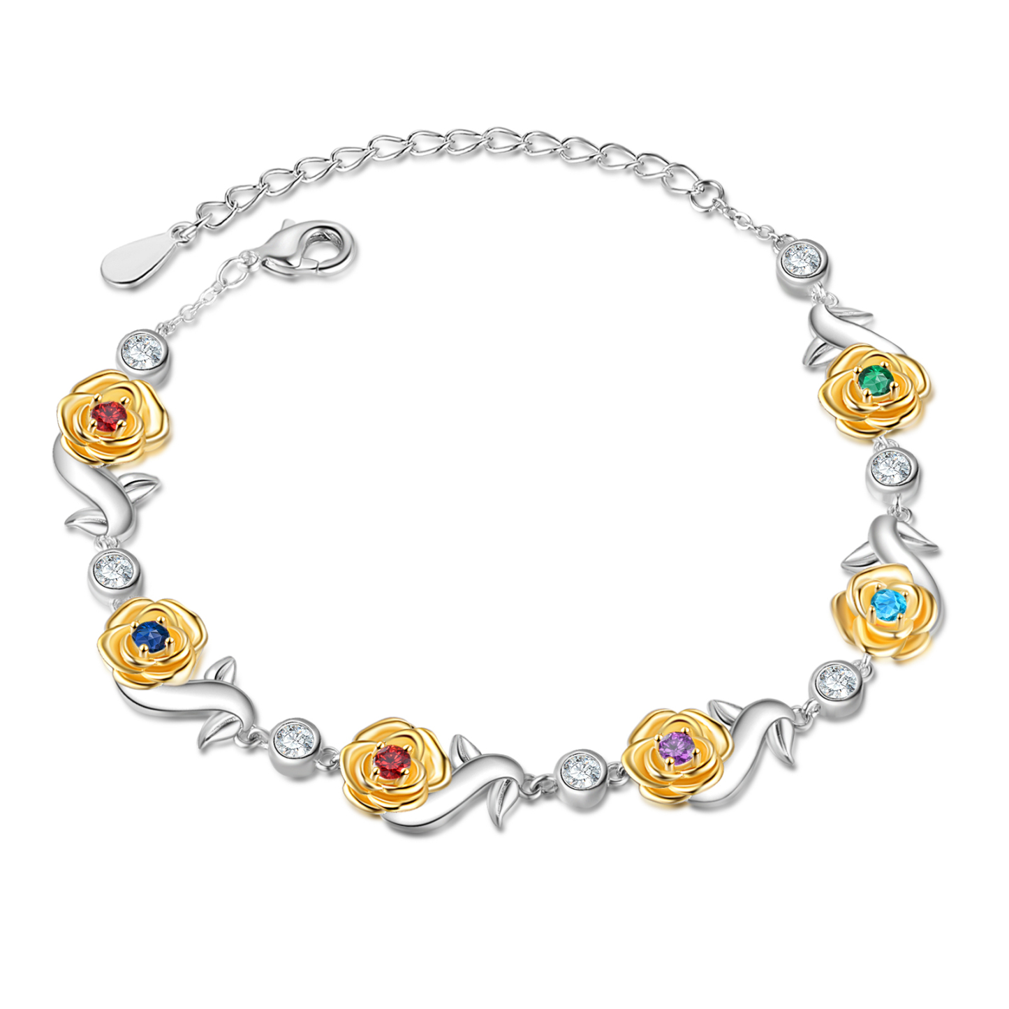 Flowers Bracelet Personalised 6 Birthstones Bracelet Engraved Names Flowers Charm Gifts For Her-Jessemade AU