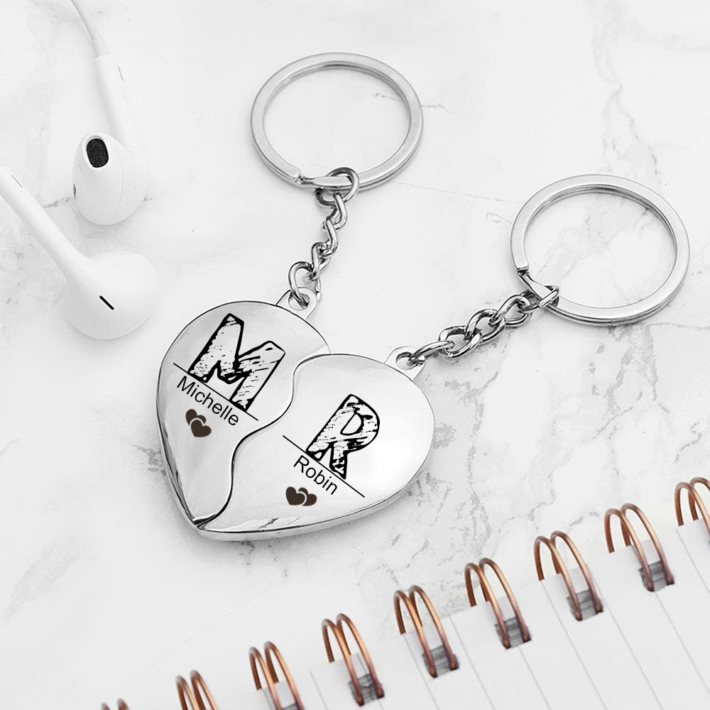 Personalised Heart Keychain Set Custom 2 Names & Letters Couple Matching Keyring Valentine's Day Gifts For Couples-Jessemade AU