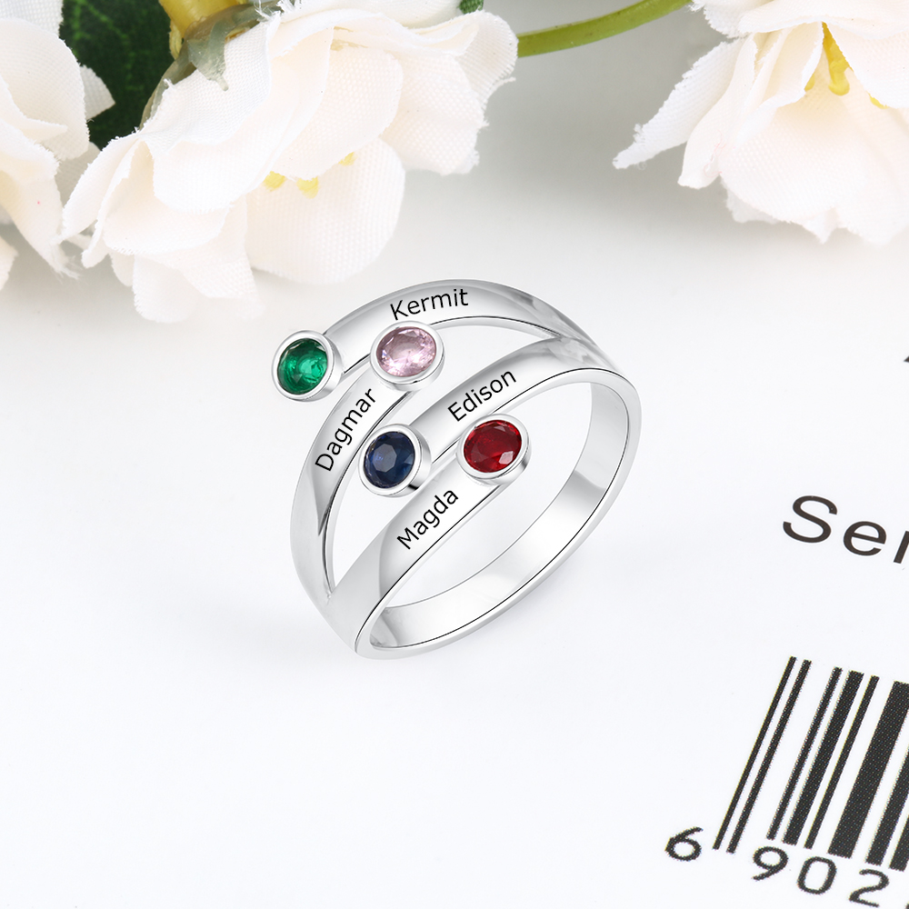 Personalised Ring With 4 Birthstones Engraved Names Ring Gift For Women-Jessemade AU