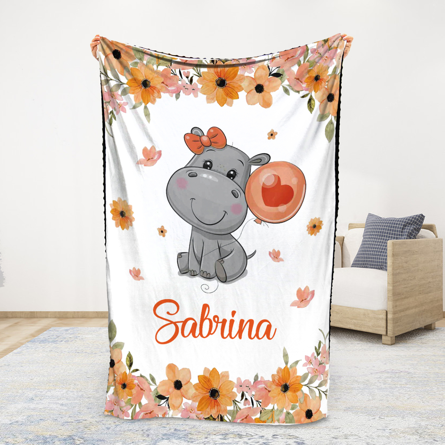 Personalised Hippo Blanket Custom Name Cute Cartoon Blanket-Jessemade AU