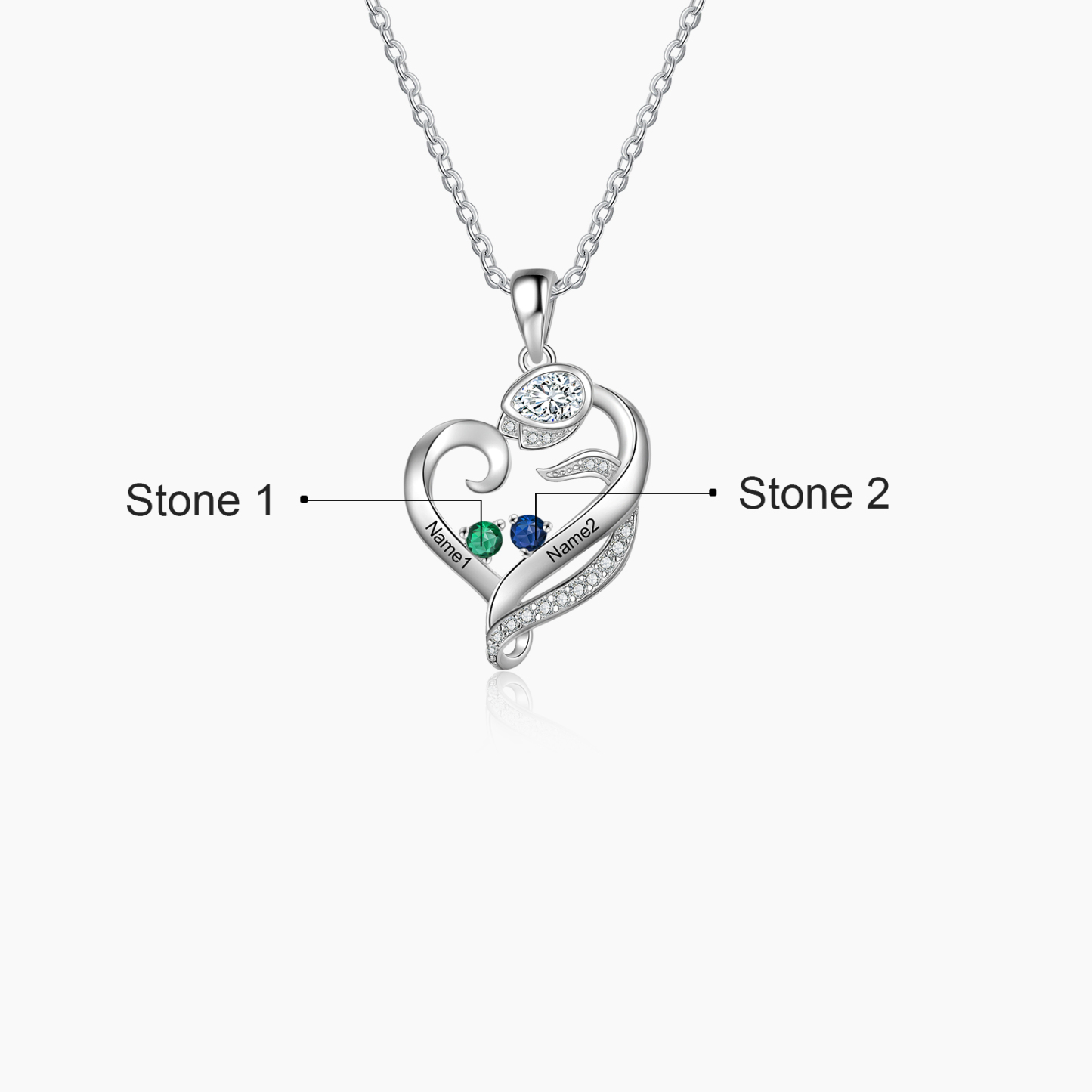 Personalised Flower Heart Necklace With 2 Birthstones Custom Names Necklace Gift For Her-Jessemade AU