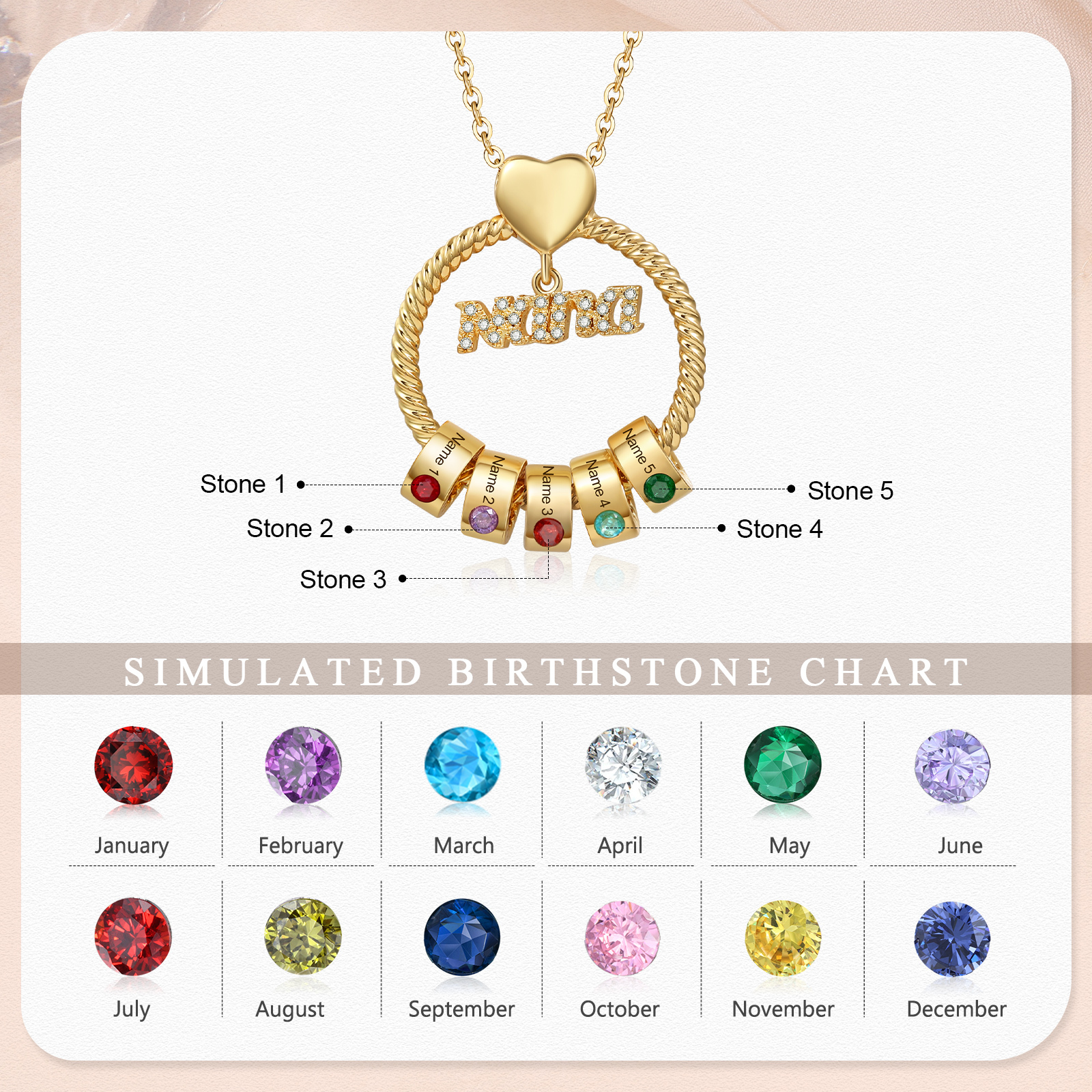 5 Names - Personalised Nana Necklace Custom Names & Birthstones Circle Pendant Necklace Gift for Grandma Nana-Jessemade AU