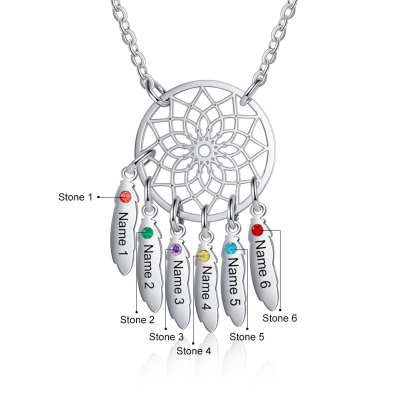 Personalised Dream Catcher Necklace With 6 Birthstones Engraved Names Gift For Women-Jessemade AU