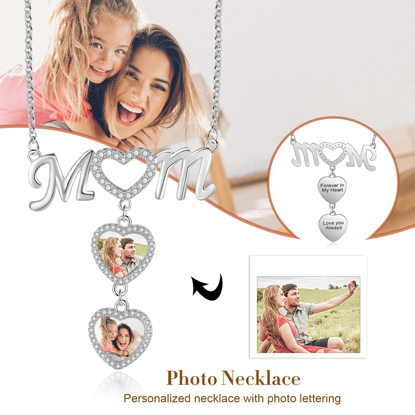 Mother's Day Gifts Personalised Mom Necklace Custom 2 Photos Heart Necklace for Mom-Jessemade AU