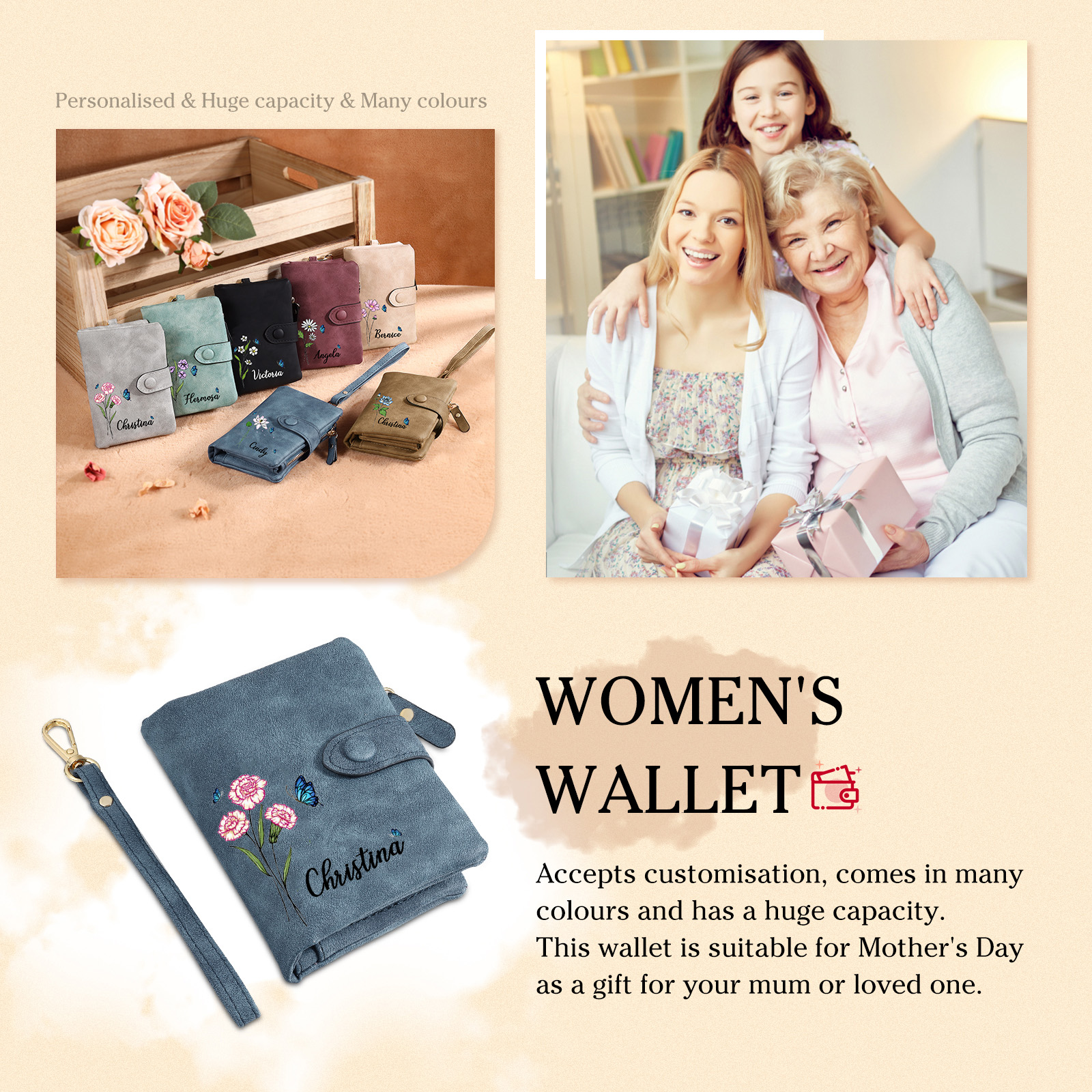 Personalised Women's Leather Wallet Custom Birthday Flower & Name & Photo Wallet Gift for Her