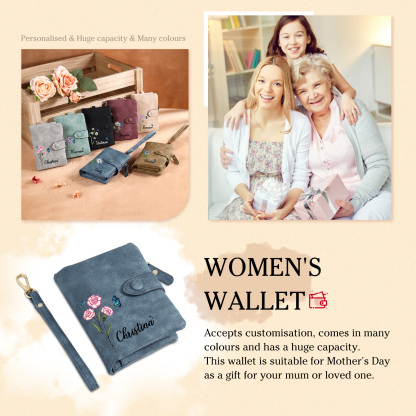 Personalised Women's Leather Wallet Custom Birthday Flower & Name & Photo Wallet Gift for Her