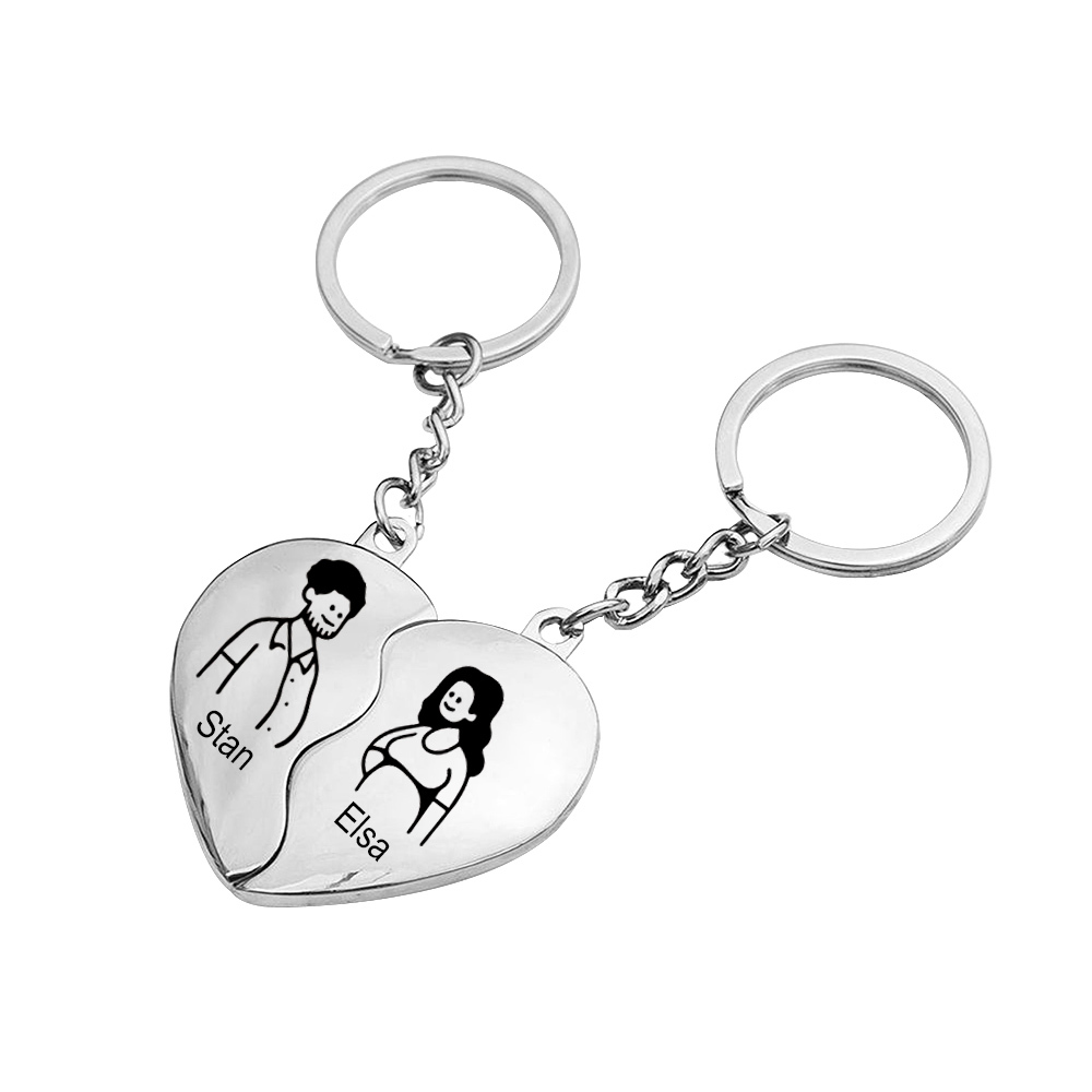 Personalised Couple Heart Keychain Set Custom 2 Names Matching Couple Keyring Valentine's Day Gifts For Couples-Jessemade AU