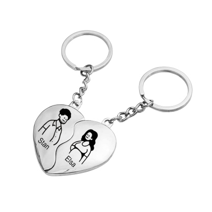 Personalised Couple Heart Keychain Set Custom 2 Names Matching Couple Keyring Valentine's Day Gifts For Couples-Jessemade AU
