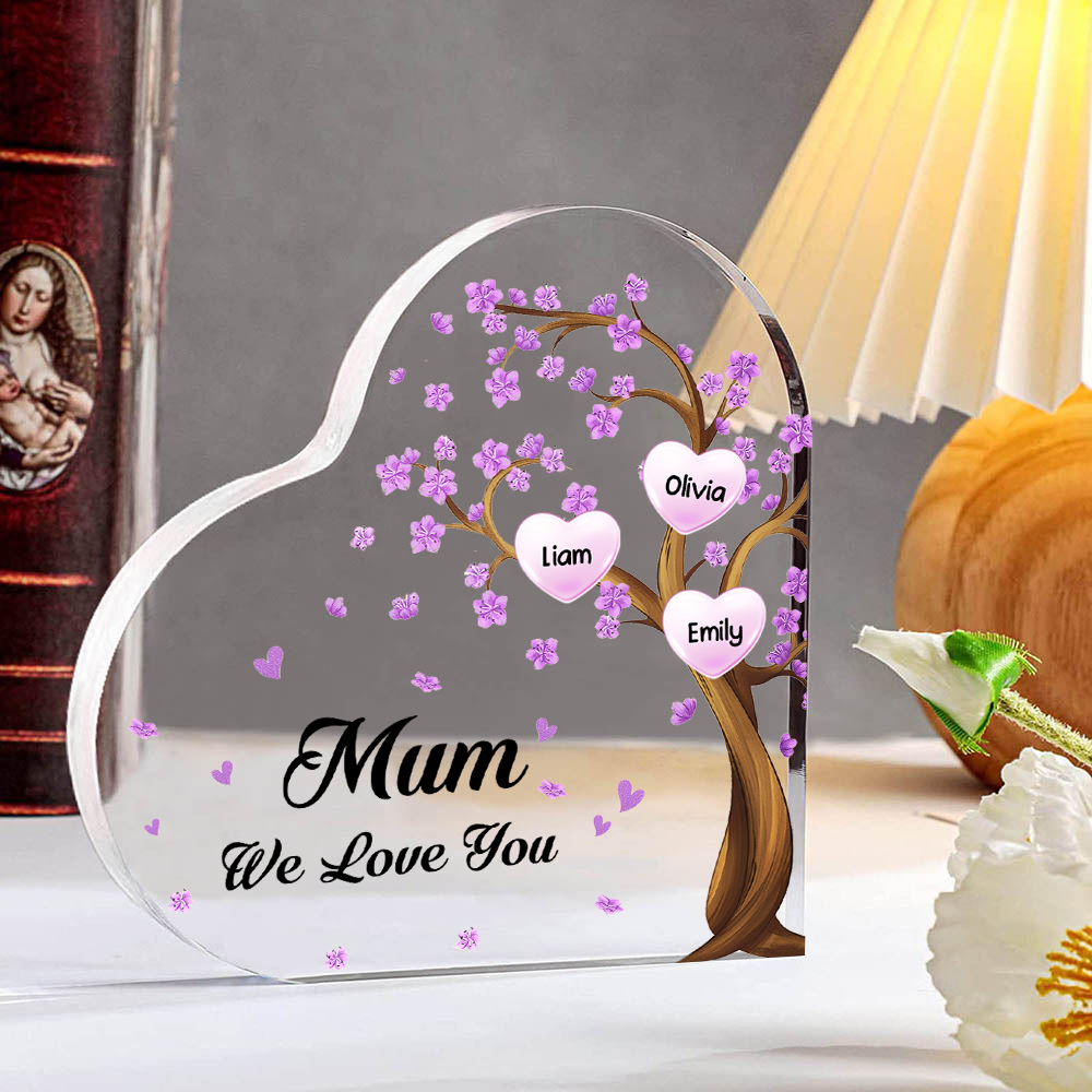3 Names - Personalised Acrylic Heart Keepsake Custom Text Purple Flowers Tree Ornaments Gifts for Grandma/Mother-Jessemade AU