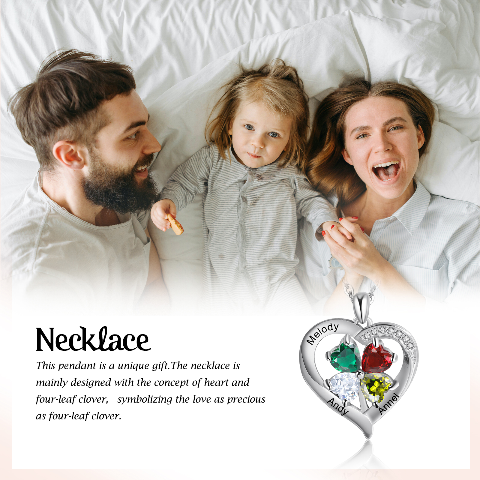 Personalised Heart Necklace with 3 Birthstones Engrave Names Family Necklace for Mom-Jessemade AU