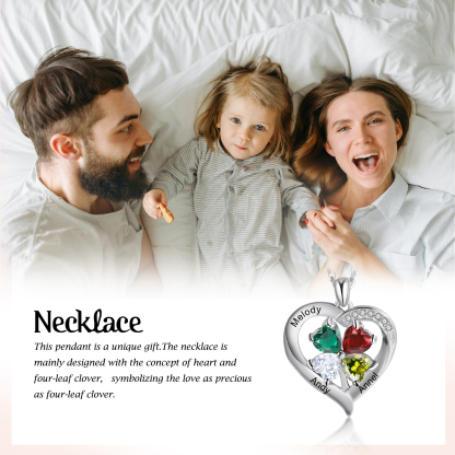 Personalised Heart Necklace with 3 Birthstones Engrave Names Family Necklace for Mom-Jessemade AU