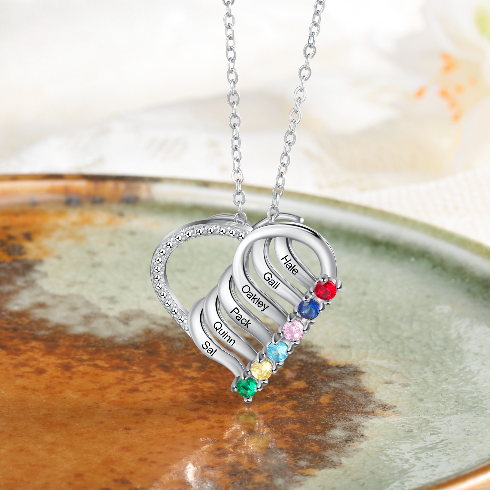 Personalised Heart Necklace With 6 Birthstones Engraved Names Gift For Her-Jessemade AU