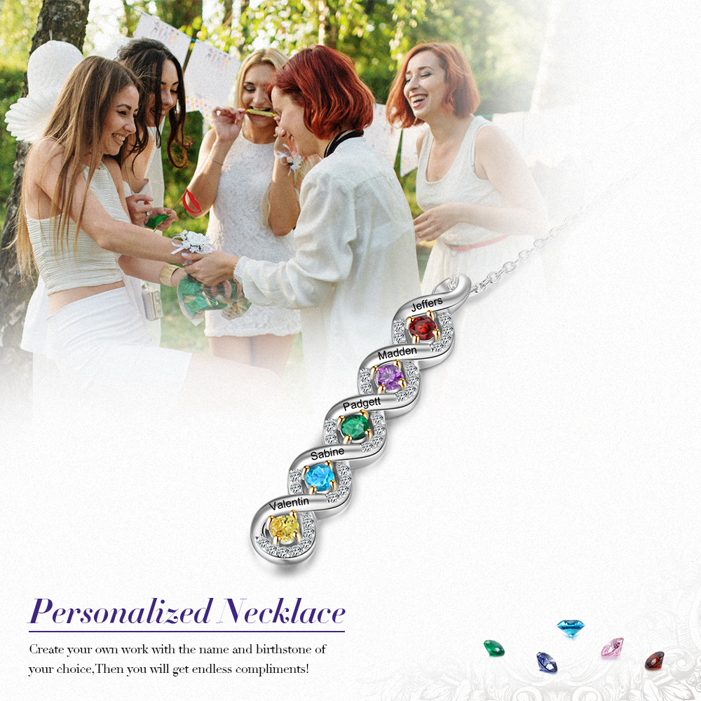 Personalised DNA Necklace With 5 Birthstones Engraved Names Gift For Women-Jessemade AU