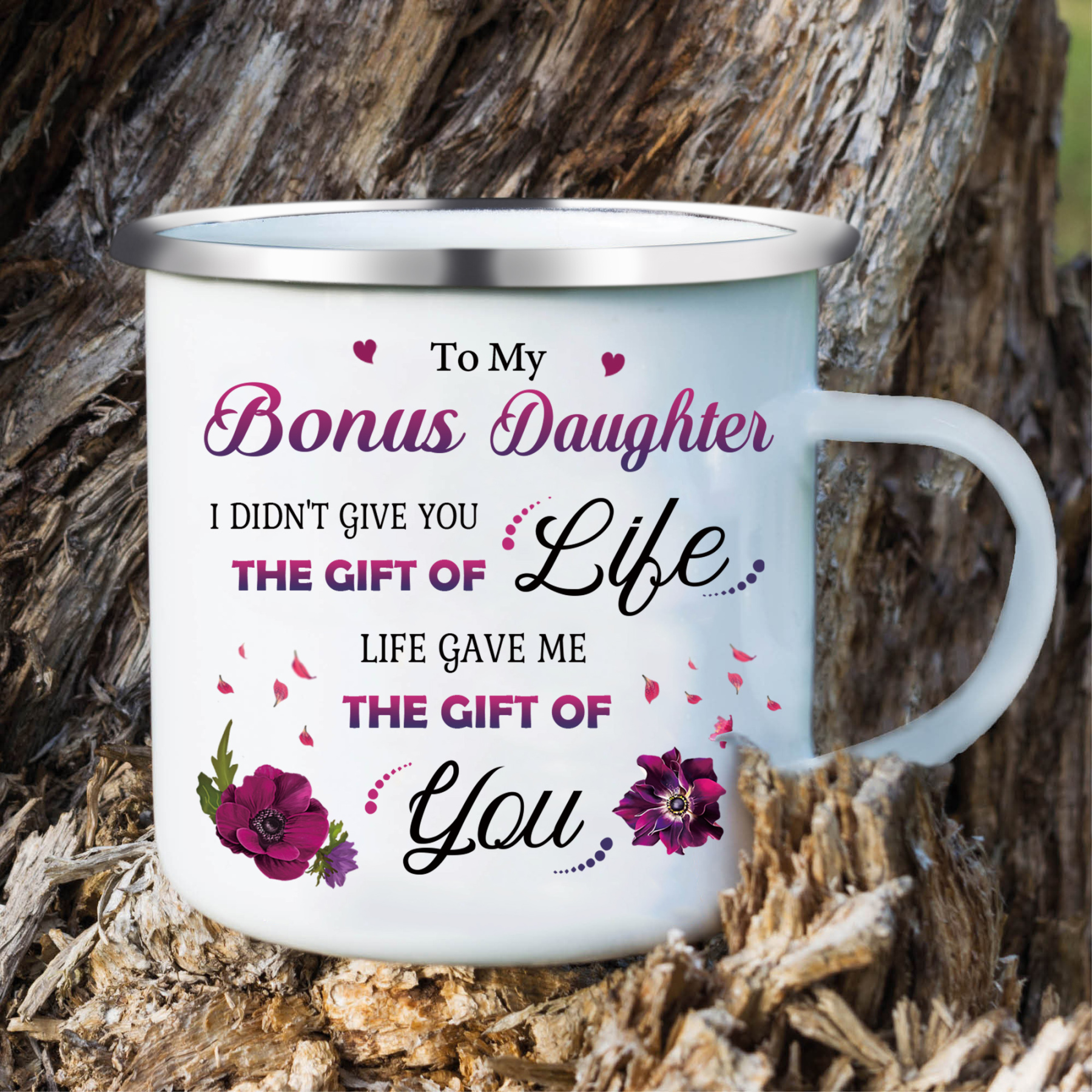 To My Bonus Daughter Enamel Mug Violets Cup Gifts for Daughter - Life Gave Me The Gift Of You-Jessemade AU