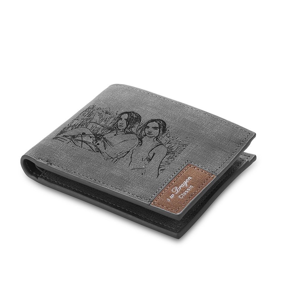 Grey Personalised Leather Wallet Engraved Photo Short Purse Folding Wallet Gifts For Men-Jessemade AU