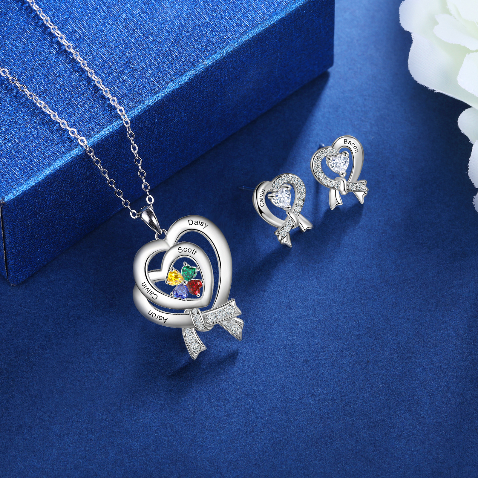 Personalised Heart Necklace With 4 Birthstones Custom Names Best Gift For Women-Jessemade AU