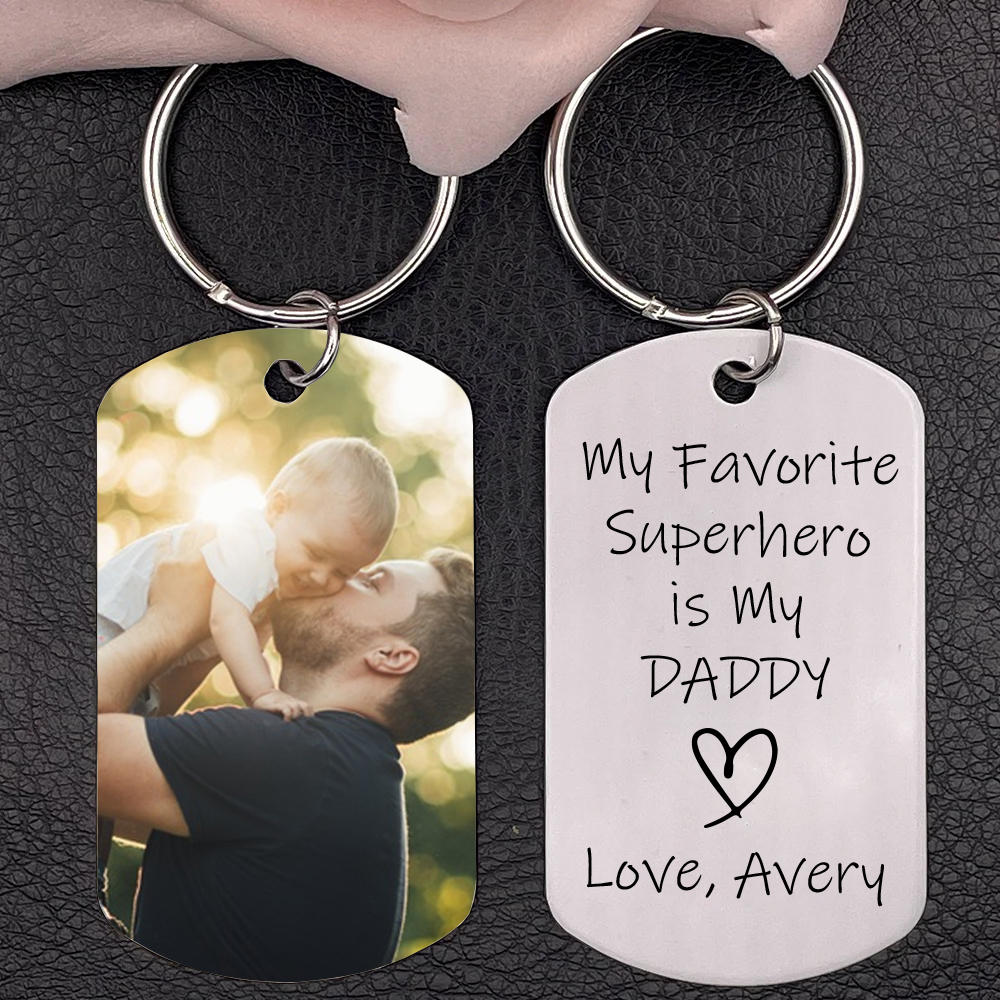 Personalised Photo Keychain Custom Name Father Keychain - My favourite Superhero Is My Daddy-Jessemade AU