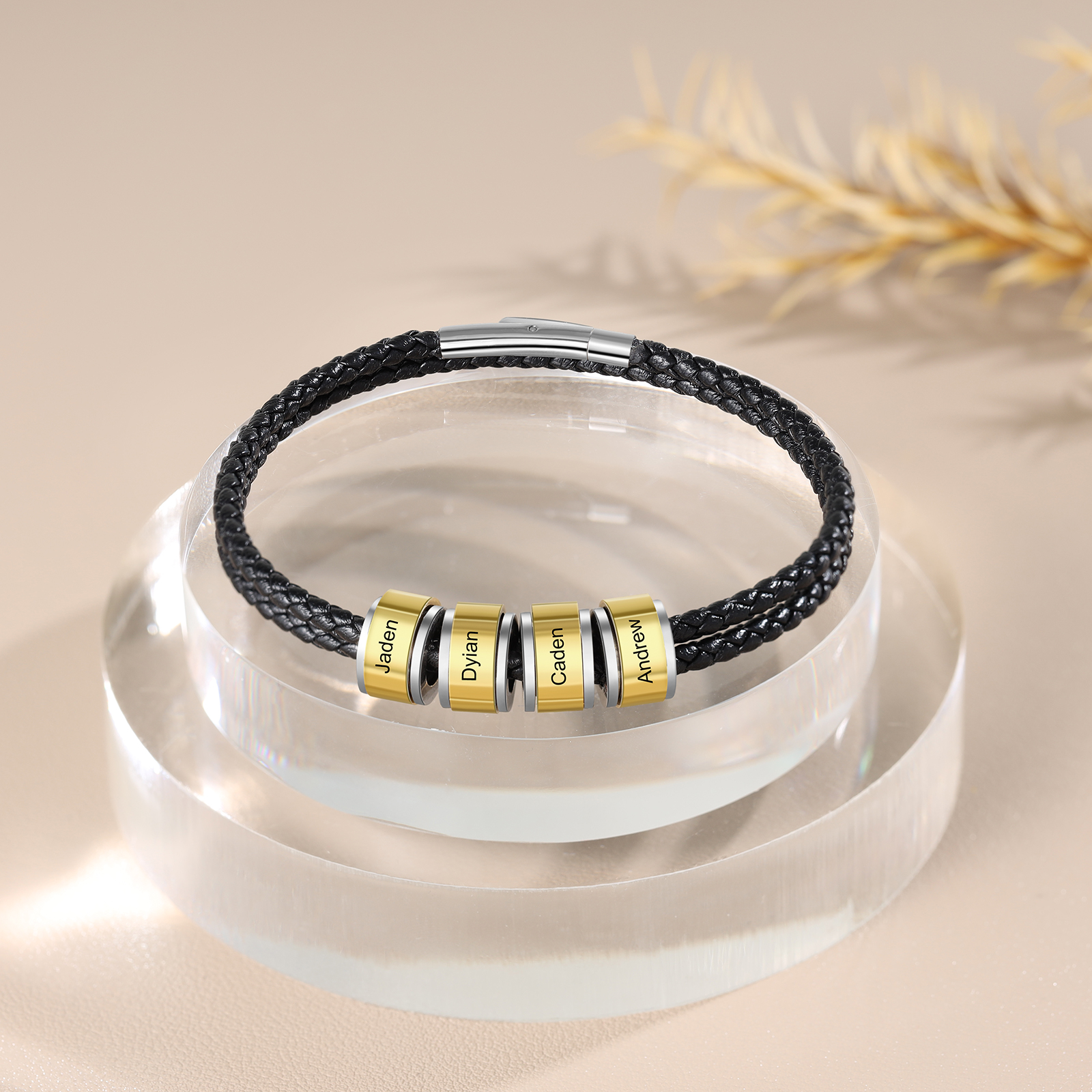 Personalised Braided Leather Bracelet Engraved 4 Names Men's Bracelet Gifts For Him-Jessemade AU