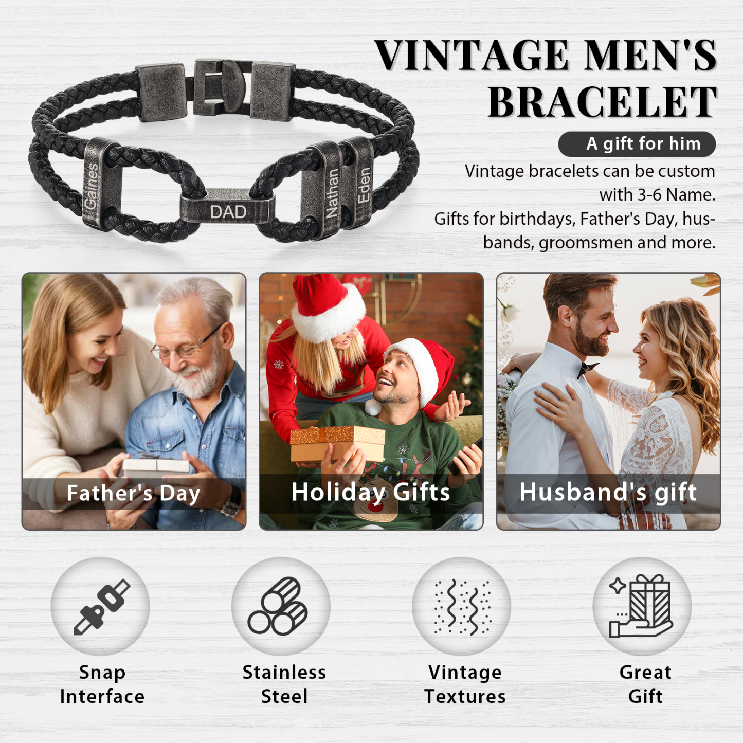 4 Names - Vintage Men's Leather Bracelet Custom Name Bracelet Two Layers Bracelet Personalised Gift for Him-Jessemade AU