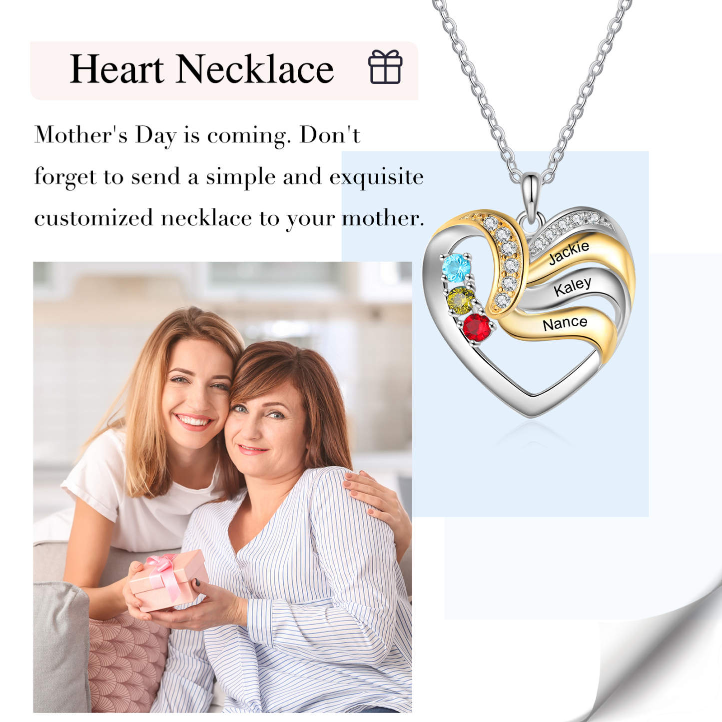 Personalised Heart Necklace with 3 Birthstones Engrave Names Family Necklace for Mom-Jessemade AU