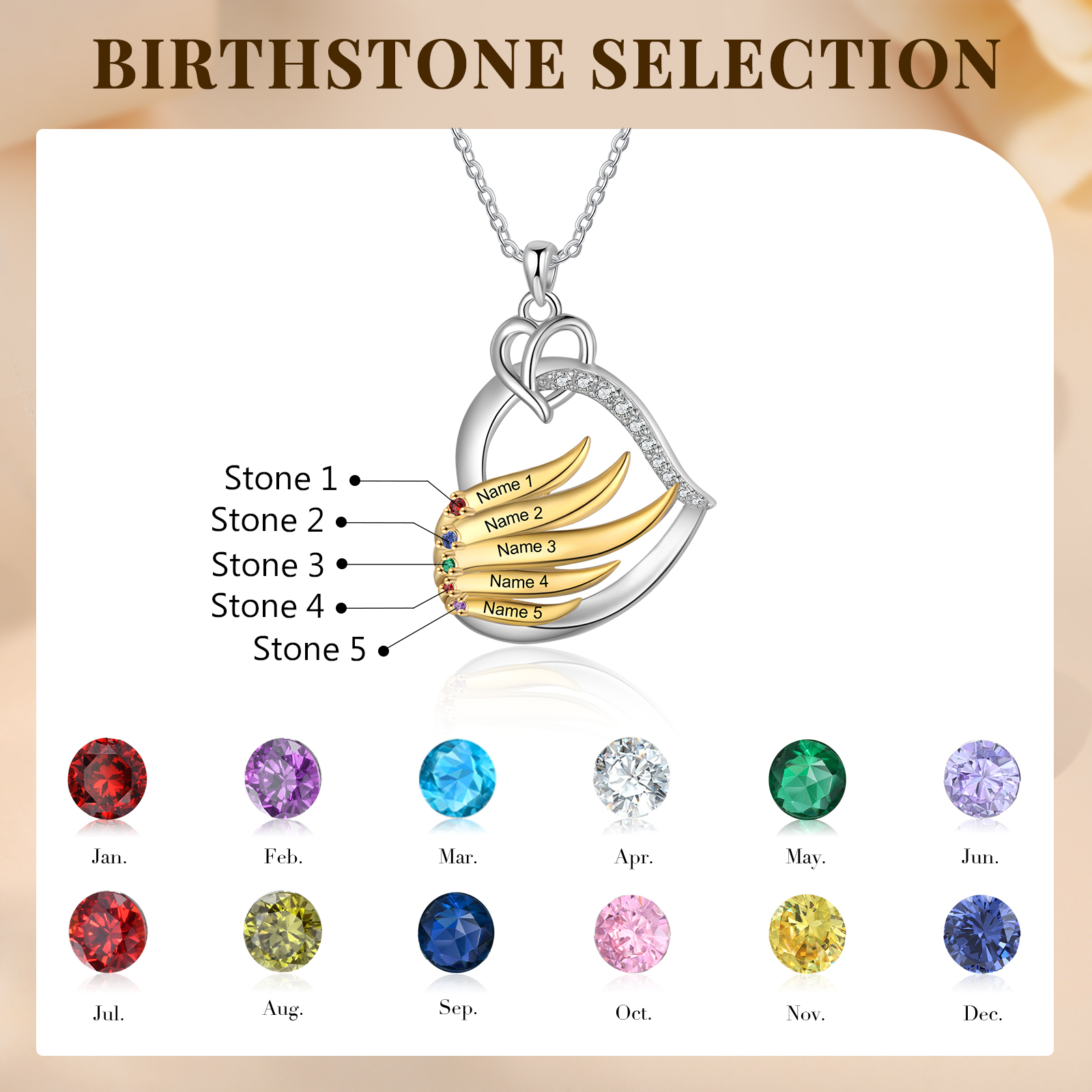 Personalised Golden Intertwined Heart Pendant Necklace Custom 5 Birthstones & 5 Names Necklace Gifts for Her-Jessemade AU