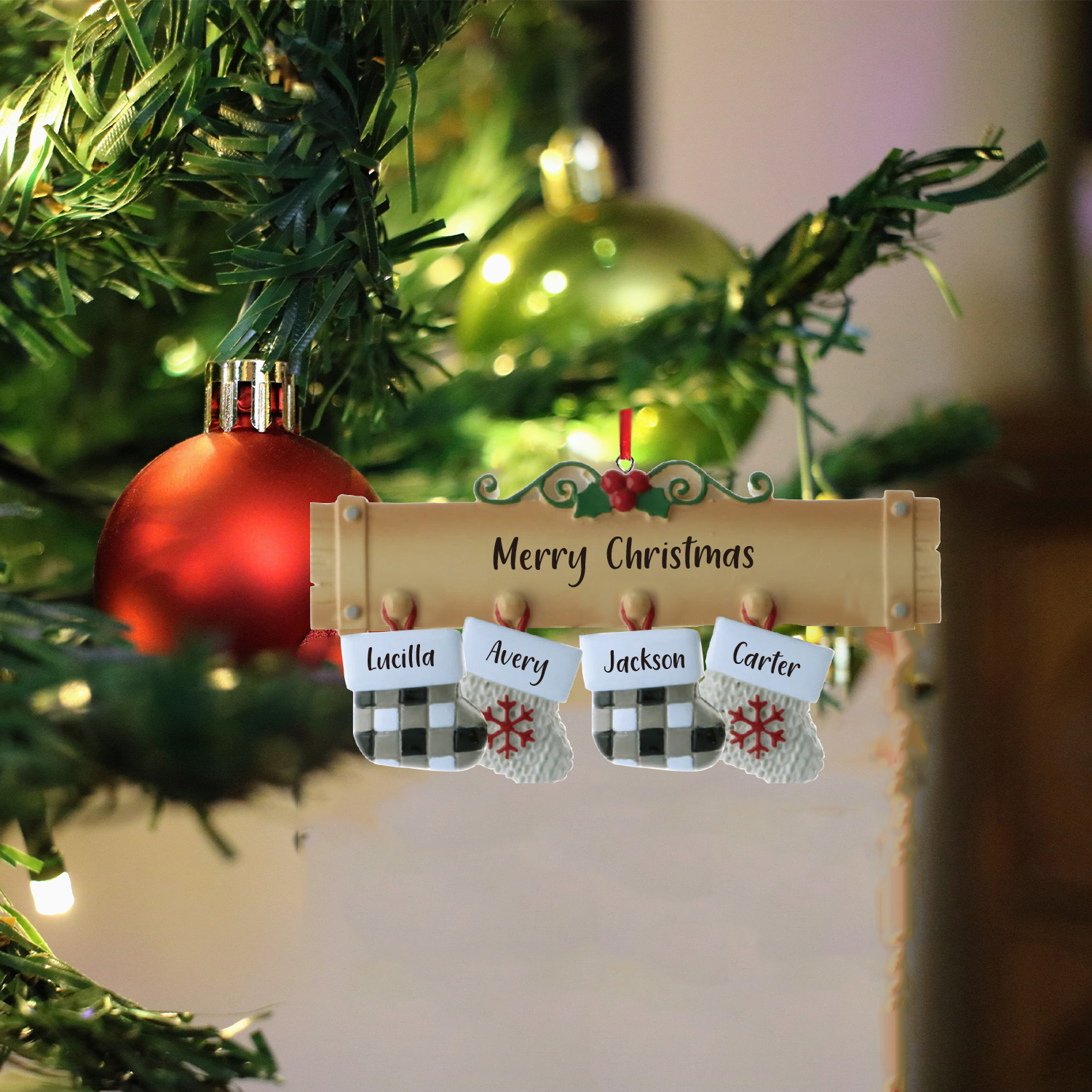 4 Names - Personalised Christmas Stockings Ornaments Customised Name & Text Christmas Decor Wooden Gifts for Family Friends-Jessemade AU