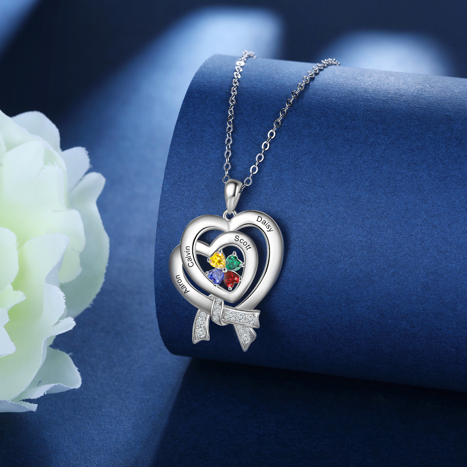 Personalised Heart Necklace With 4 Birthstones Custom Names Best Gift For Women-Jessemade AU