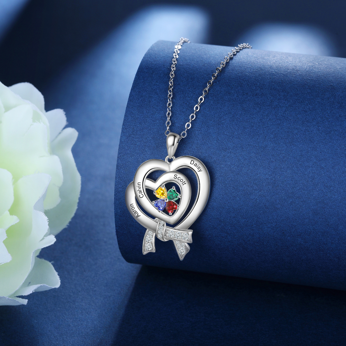 Personalised Heart Necklace With 4 Birthstones Custom Names Best Gift For Women-Jessemade AU