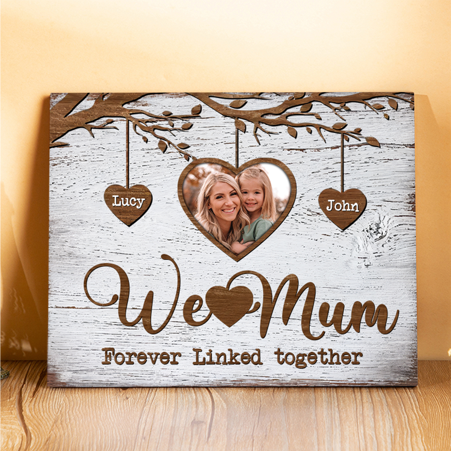 Personalised 2 Names & 1 Photo Wooden Plaque Custom Family Tree Home Decor Mother's Day Gifts - We Love Mum, Forever Linked Together-Jessemade AU