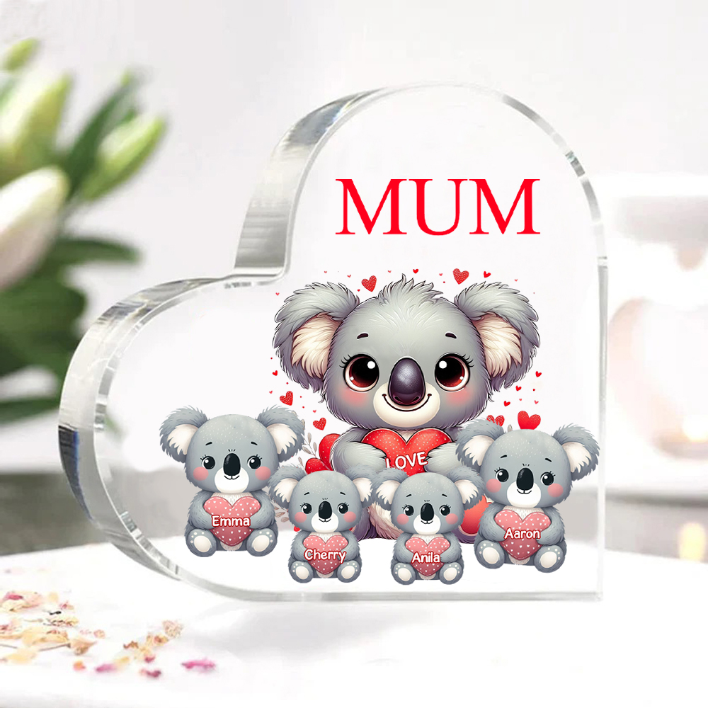 Personalised Acrylic Heart Keepsake Custom 1 Text & 4 Names Ornament Koala Family Gifts for Mother/Grandma-Jessemade AU