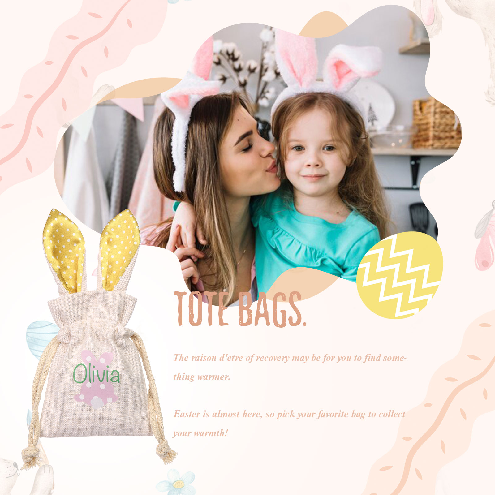 Personalised Bunny Tote Bag Customised with Name Bunny Drawstring Bag Easter Gifts-Jessemade AU
