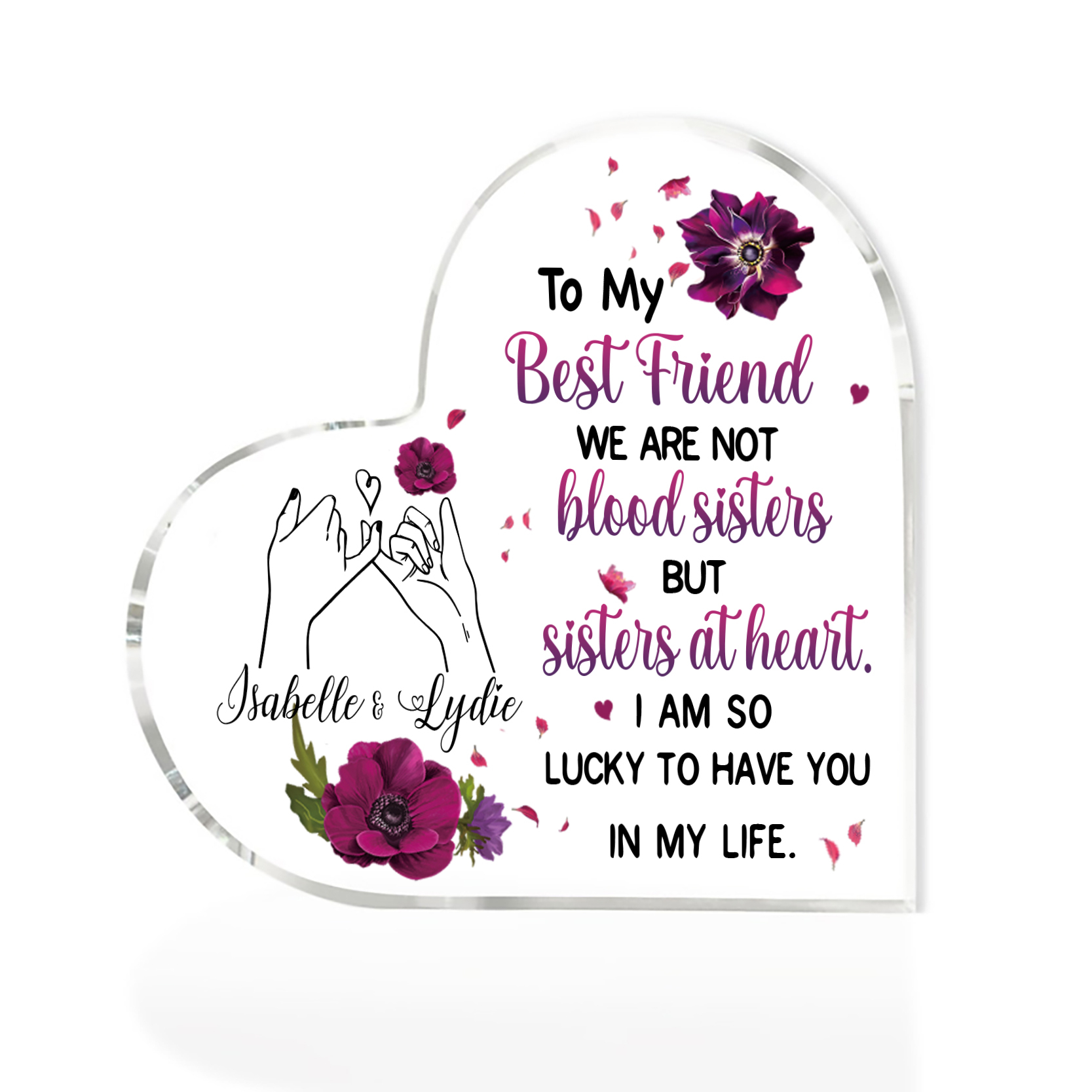 To My Best Friend Acrylic Heart Keepsake Customised 2 Names Violets Ornament "We Are Not Blood Sisters But Sisters At Heart" Gift For Her-Jessemade AU