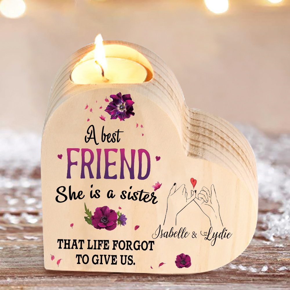 To My Best Friend Violet Flower Heart Candle Holder "She's a sister that life has forgotten to give" Wooden Candlestick-Jessemade AU