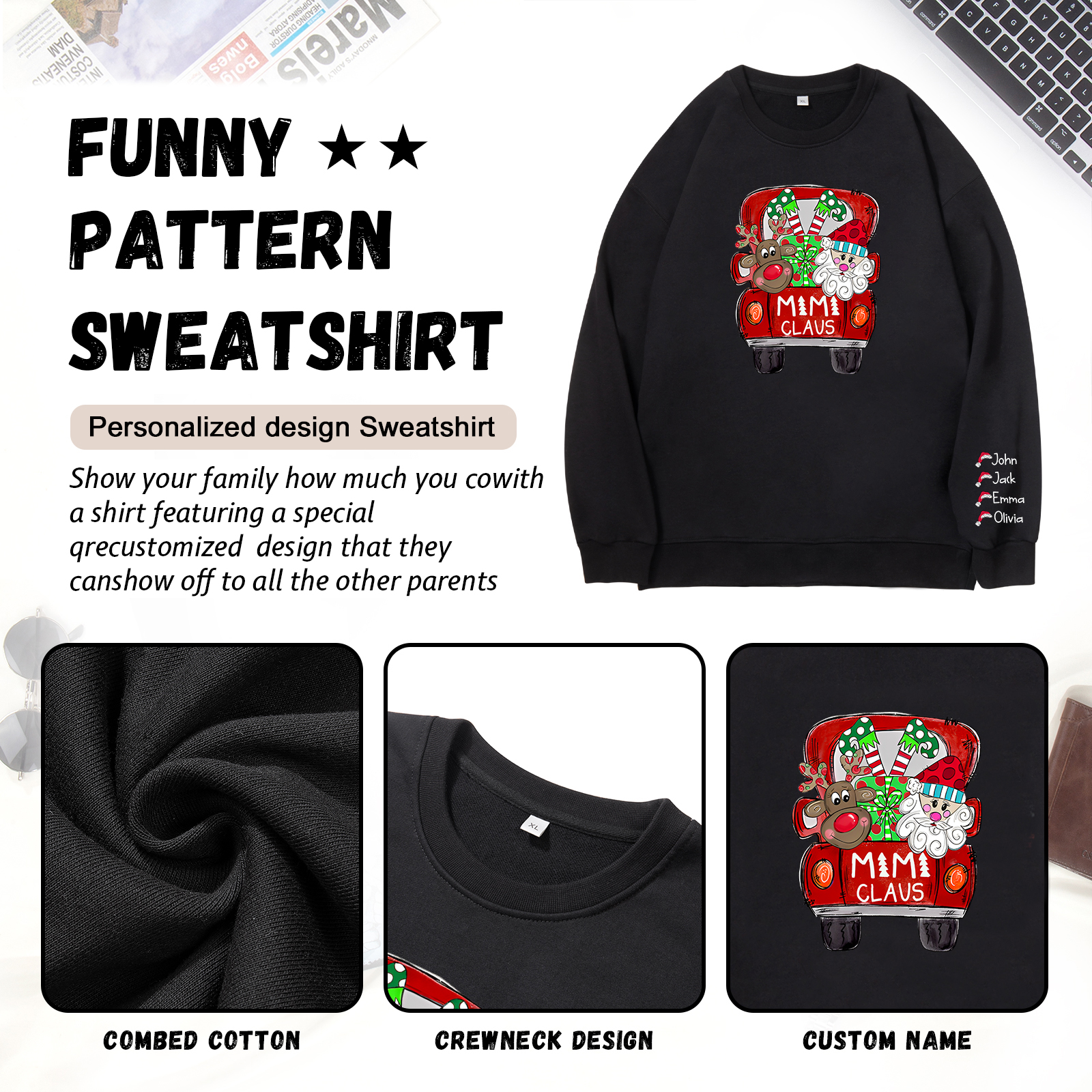 4 Names - Personalised Christmas Sweatshirt Custom Name & Text Sweatshirt Mimi Claus Sweatshirt Gift for Family -Jessemade AU