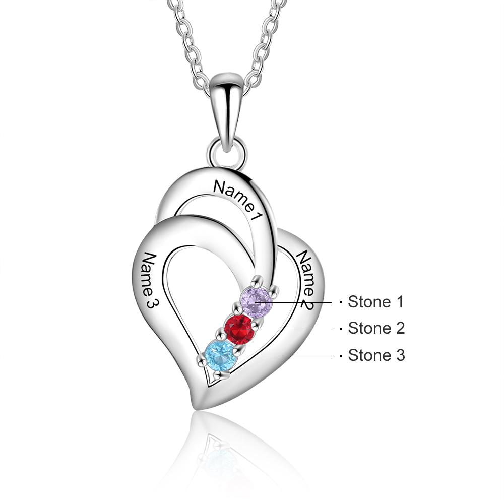 Personalised Heart Necklace With 3 Birthstones Engraved Names Gift For Her-Jessemade AU